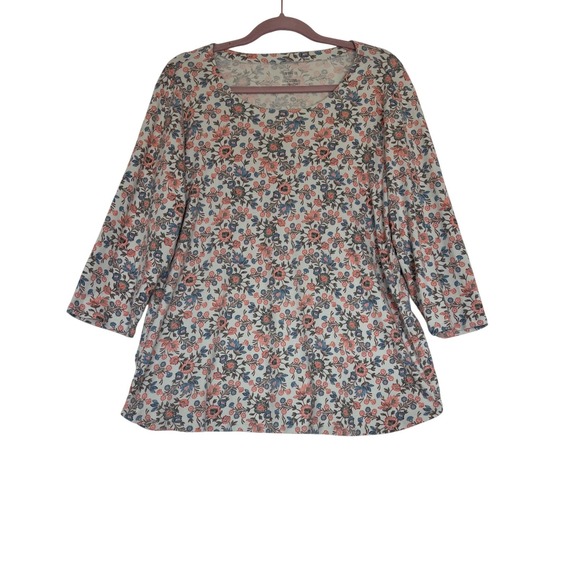 J. Jill Tops - J. Jill Pima Cotton 3/4 Sleeve Scoop Neck Floral Tee Top Coral Blue 2XL